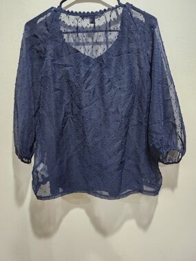 Valerie Stevens Navy Sheer Dot-Texture 2 Peice  Blouse